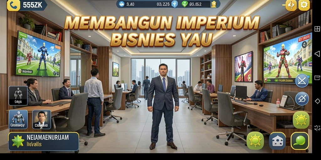 Tangkapan layar gameplay 555ZK menunjukkan pelbagai aspek manajemen bisnis.