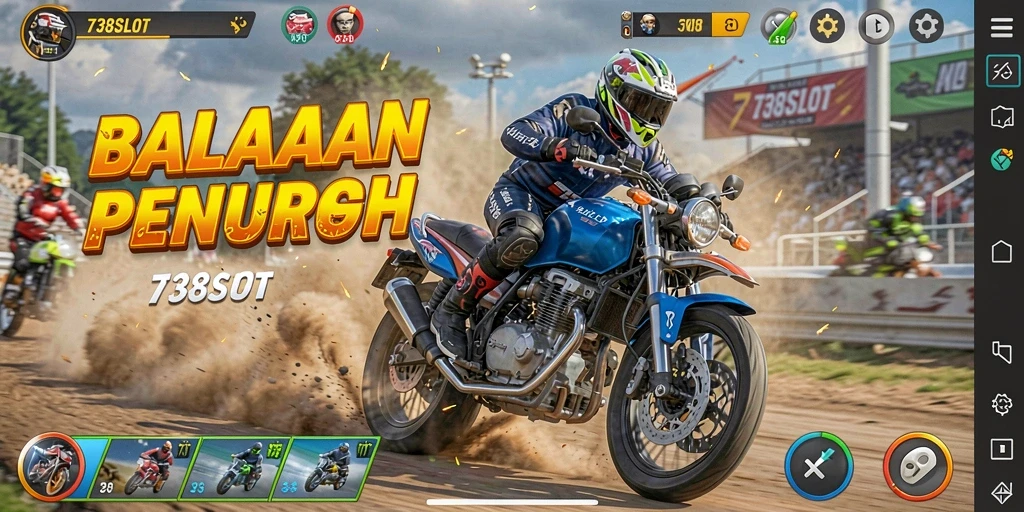 Screenshot gameplay <strong>738SLOT</strong> menampilkan momen balapan yang mendebarkan.