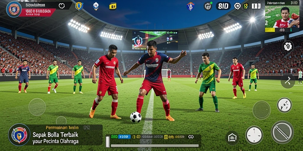 Tangkapan layar utama 8ID menampilkan aksi pertandingan sepak bola yang dipenuhi semangat.
