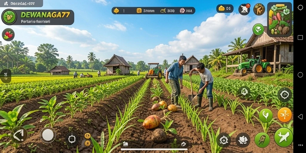Gameplay DEWANAGA77 menampilkan pertanian yang penuh warna dan menantang.