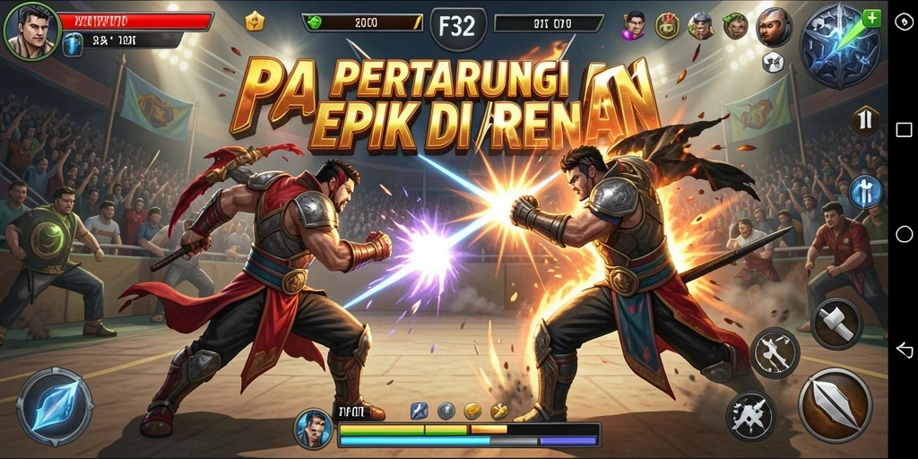 Screenshot utama F32 menampilkan aksi pertarungan yang mendebarkan dan dramatis.
