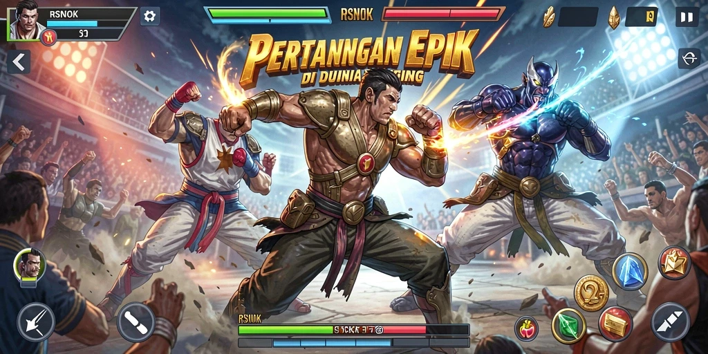 Tangkapan layar utama RSNOK menampilkan pertarungan karakter yang intens dan mendebarkan.
